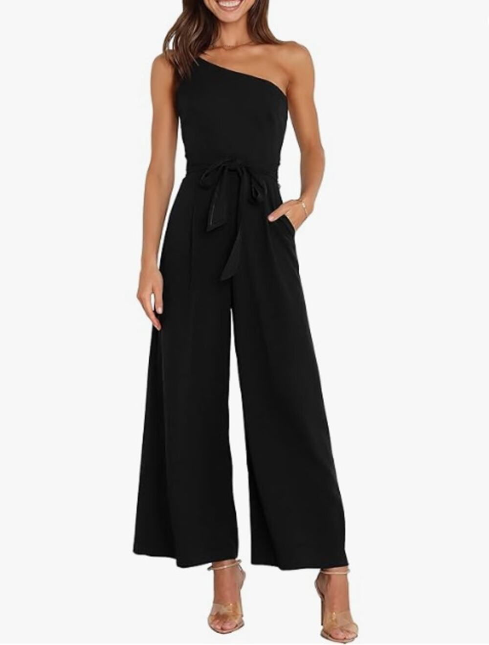 ANRABESS One Shoulder Sleeveless Backless Wide Leg Jumpsuit Large Black Stretch